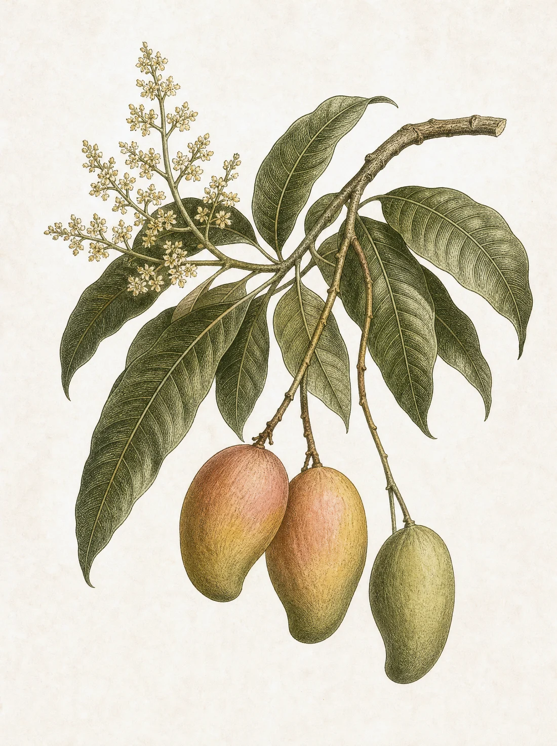 A botanical engraving of a mango branch with long leaves, small cream flowers, and three ripening mangoes.
