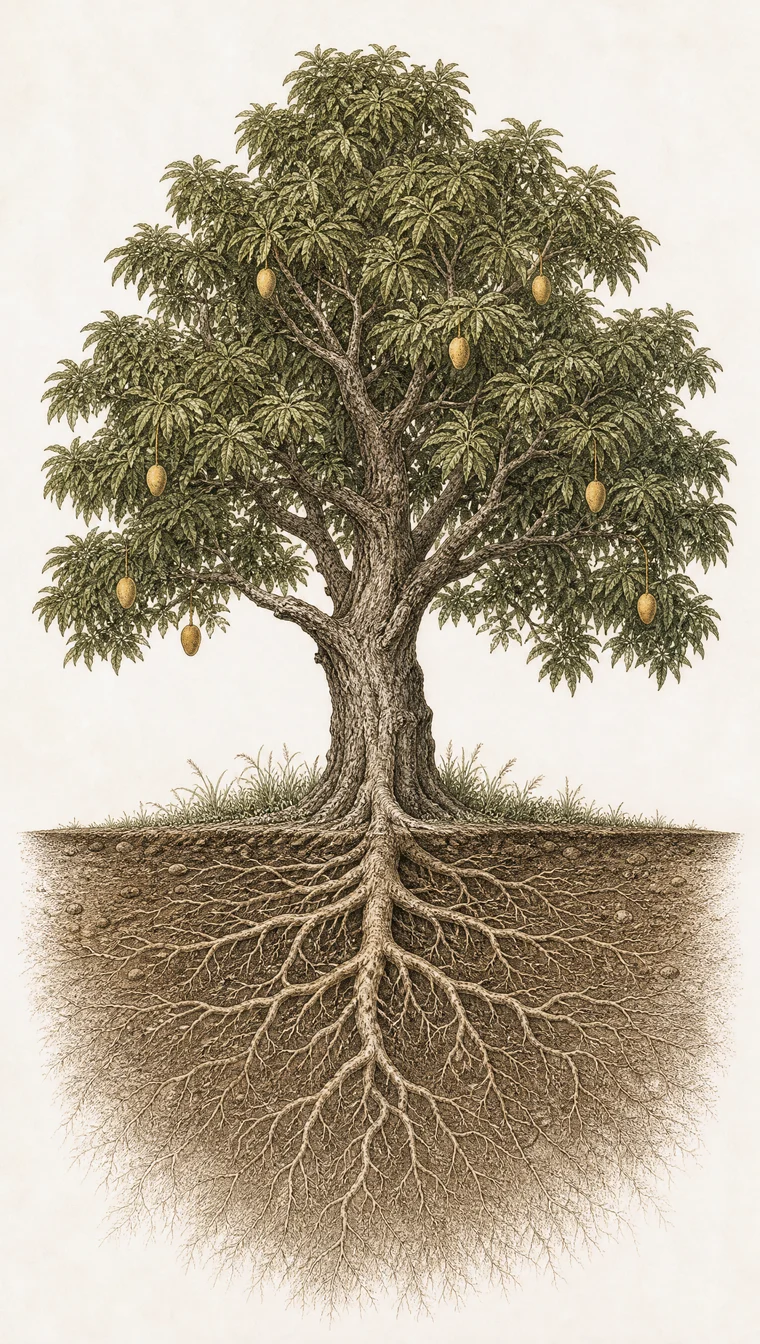 A hand-colored botanical engraving of a mature mango tree with a broad canopy and a few golden mangoes.