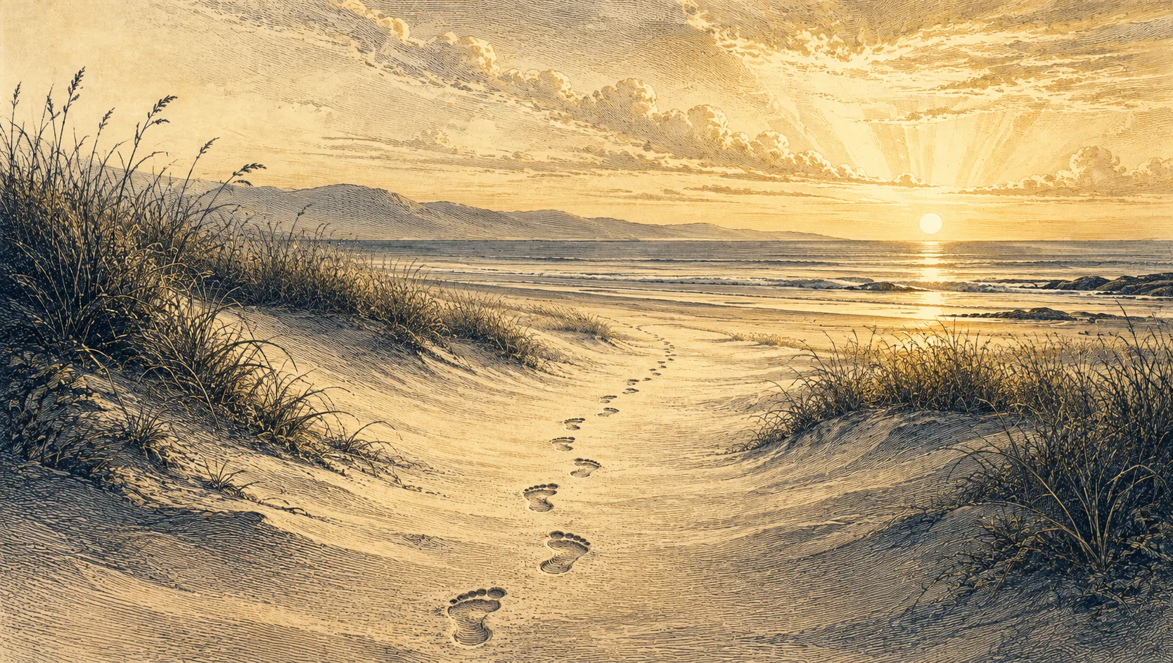 An etching of bare footprints pressed into sand, curving along a dune path toward the morning horizon.
